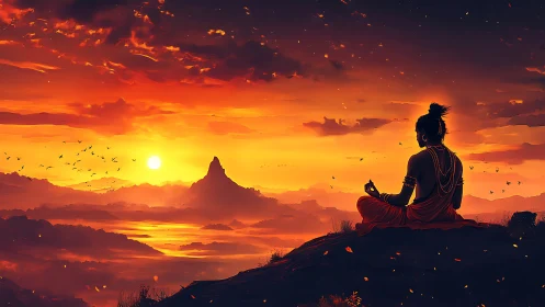 Monk meditates on hilltop against vivid orange sunset sky.