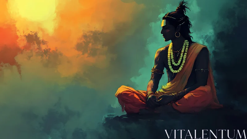 Meditative sage in orange robes under radiant sunset sky.