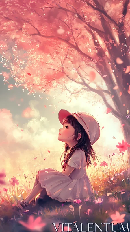 Girl in white dress under pink blossom tree at sunset.