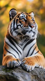 Regal tiger rests on rock under warm golden forest light.