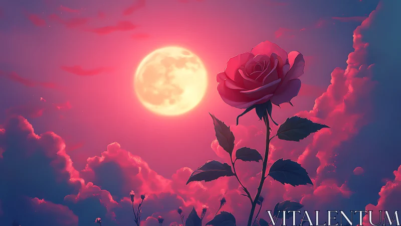 Scarlet moonlit rose rises through luminous pink clouds.