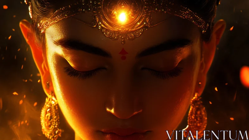 Ember crowned mystic in molten gold meditation glow.