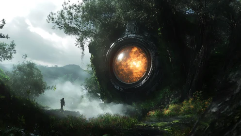 Circular mechanical portal structure is embedded in dense forest