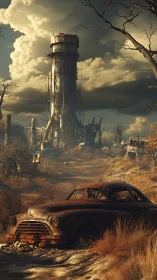 Rusting car in deserted wasteland under heavy clouds.