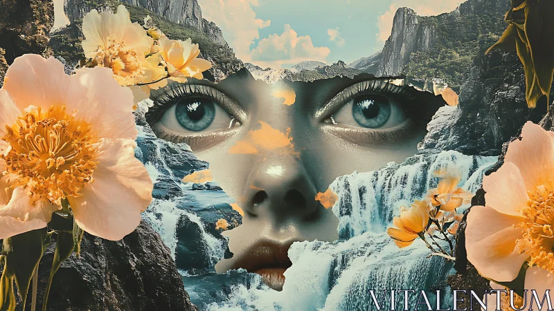 Surreal female visage integrated with waterfalls and florals.