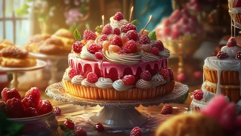 Layered Cake with Raspberry Topping on Display Stand.