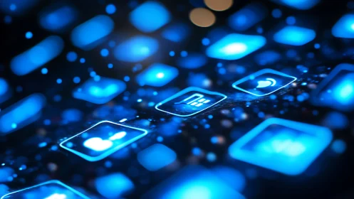 Glowing blue app icons rendered as depth-of-field digital HUD interface