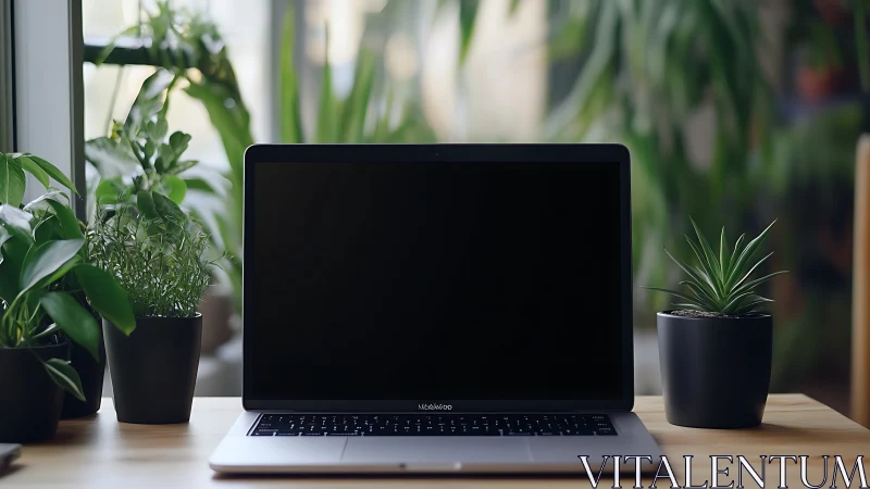 Laptop workspace framed by potted green plants on desk.