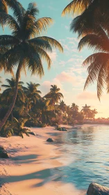 Tropical Beach at Golden Hour with Palm Trees