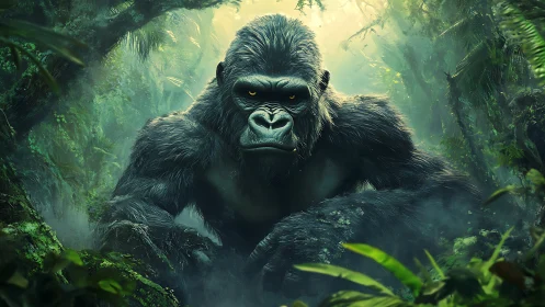 Massive silverback gorilla dominates dense jungle scene.