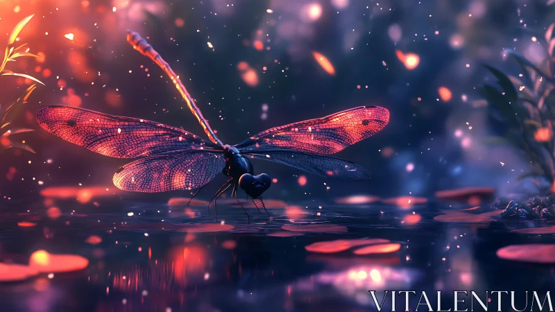 Digital painting of iridescent dragonfly over luminous pond.