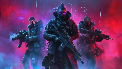 Neon stormwalkers carve a path through vapor-bright city fog