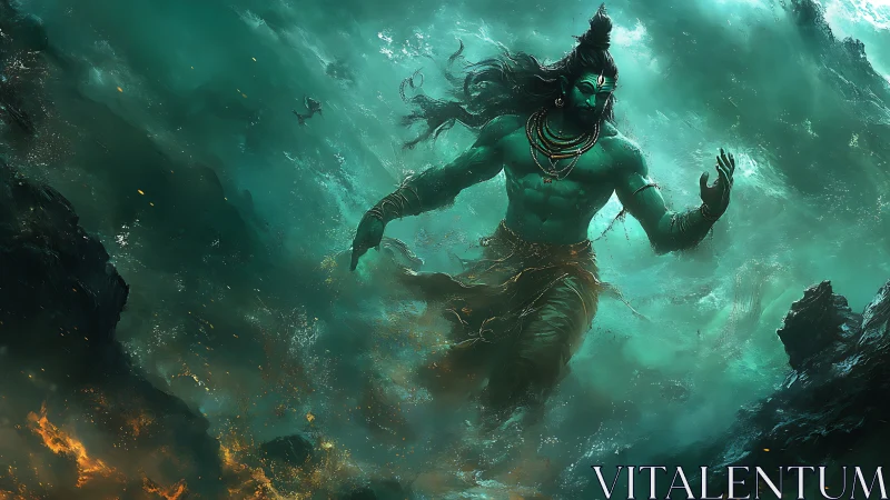 Mythic warrior figure strides through turbulent ocean storm.