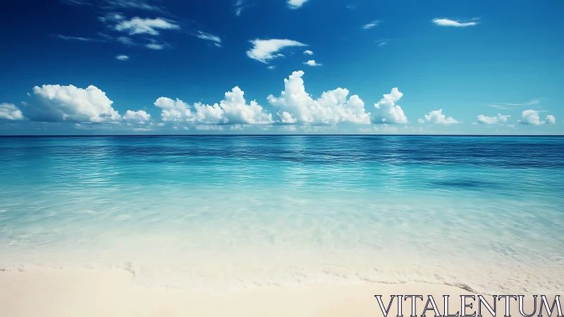 Sunlit tropical shoreline under expansive cloud-filled sky.