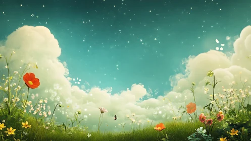 Dreamlike wildflower meadow under glowing teal sky.