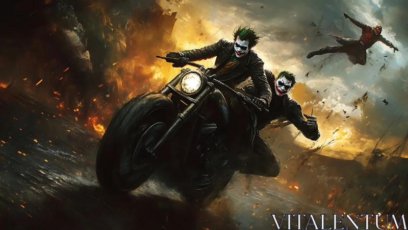 Chaotic clown bikers racing through blazing urban inferno.