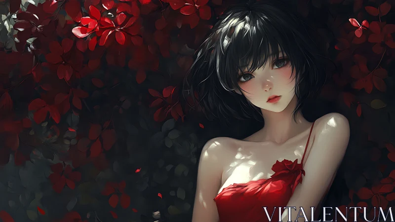 Soft-eyed girl rests amid deep red leaves in gentle light