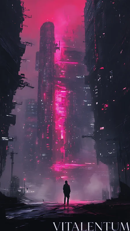 Solitary figure surveys neon-saturated megastructure in foggy void