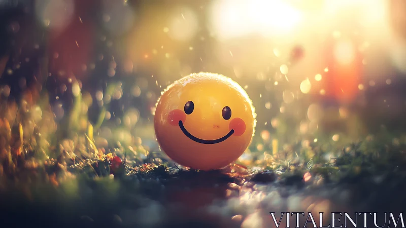 Smiley face ball on wet grass in warm evening light.