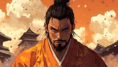 Stoic samurai warrior confronts burning fortress in dusk light