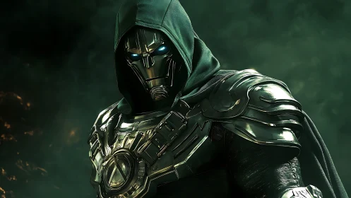 Hooded techno warlord in emerald stormlit armor stares down.