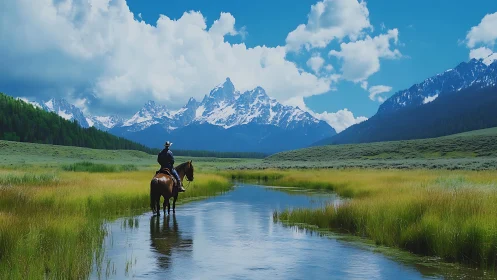 Rider on horseback crosses shallow stream before alpine range