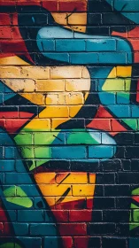 Multicolored geometric graffiti covers a textured brick wall