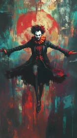 Sinister clown levitating before blood-red abstract halo.