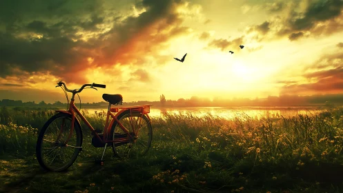 Vintage Bicycle Silhouette in Golden Hour Landscape Composition.