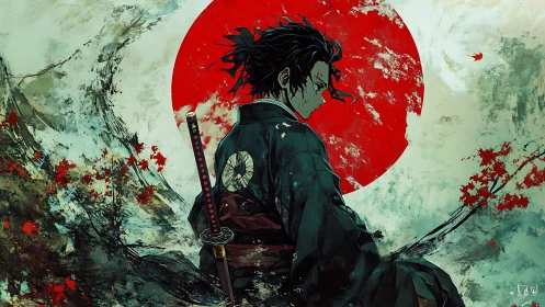 Samurai warrior before red sun with falling maple leaves.