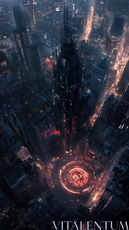 Neon city spire rising over a glowing cyberpunk circle.