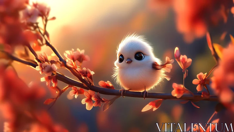 Adorable Fluffy Bird on Blossoming Branch, Soft Pastel Illustration.