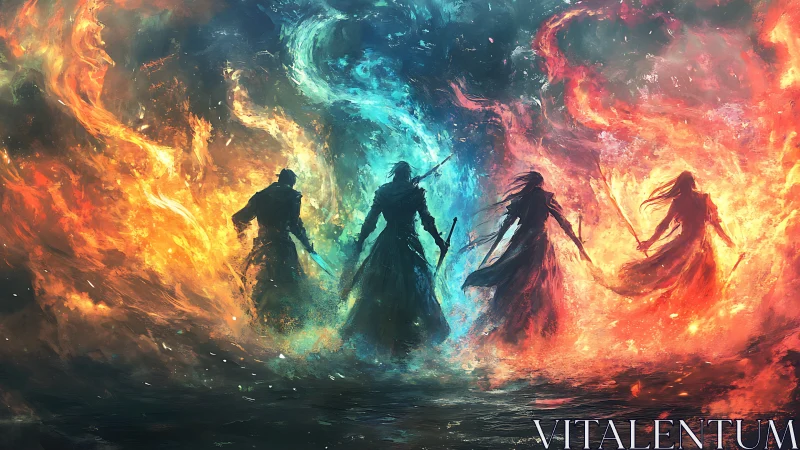 Elemental warrior quartet within swirling cosmic flames.