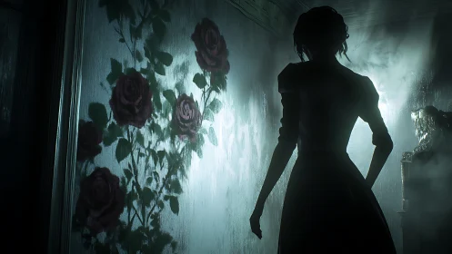 Silhouetted woman stands before misted wall with roses
