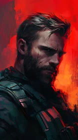 Scarred tactical warrior amid blazing crimson backdrop.