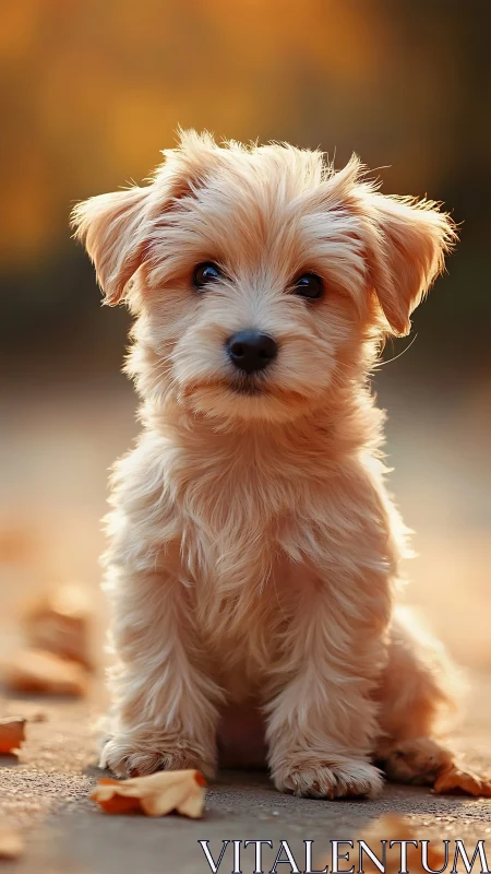 Golden autumn puppy sitting among soft fallen leaves.
