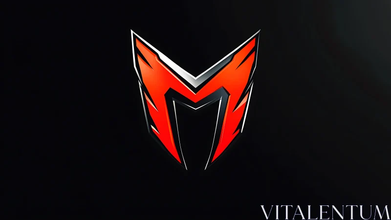 Angular red metallic M emblem on deep black field.