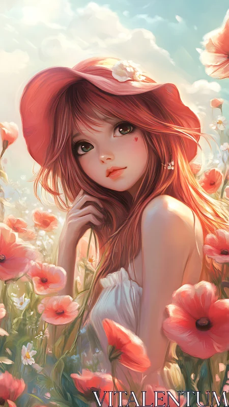 Red-haired girl in poppy field under warm summer sky.