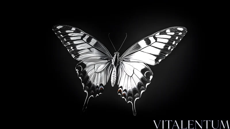 Monochrome butterfly glows like silver ink on midnight air.