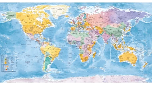 Political world map with pastel relief oceans and borders.