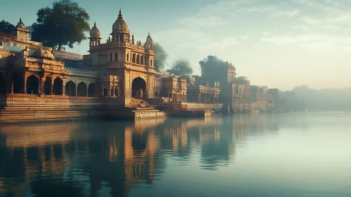 Riverside palace complex in soft dawn mist with warm reflections.