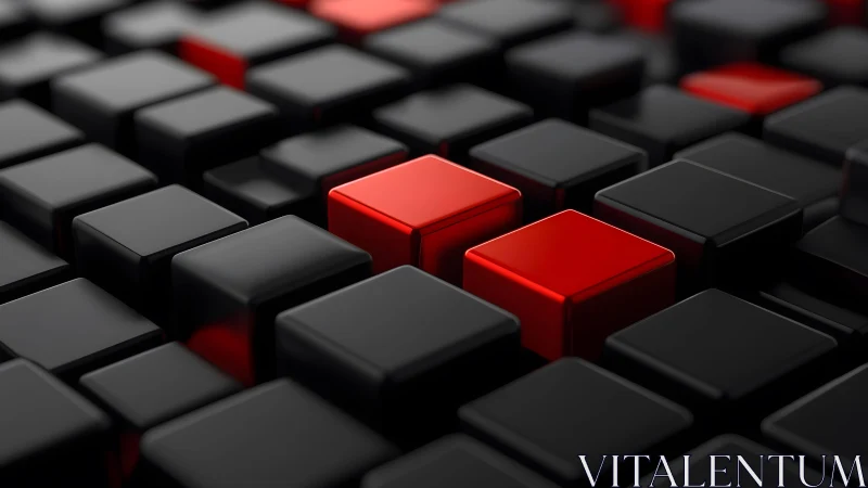 Red cubic modules punctuate a grid of glossy black blocks