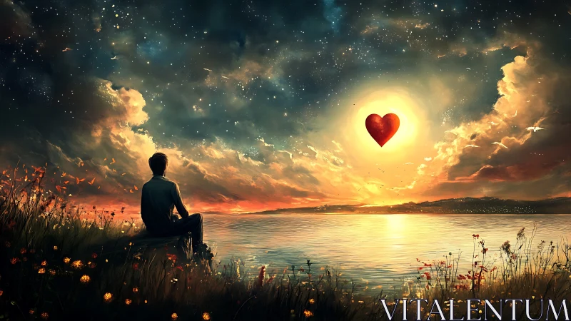 Figure Observing Celestial Heart Form Over Water Landscape