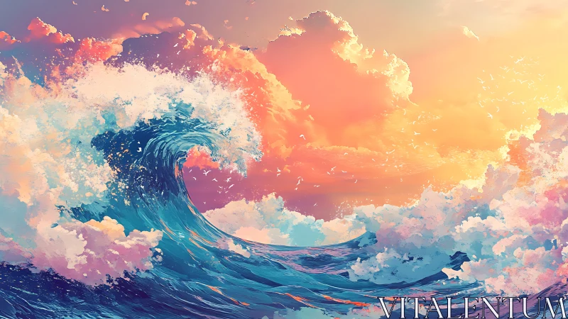 Sunset wave crowns a pastel sky in luminous ocean dream.