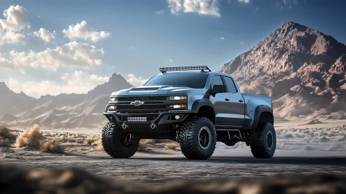 Desert titan pickup truck poses boldly beneath sculpted mountains