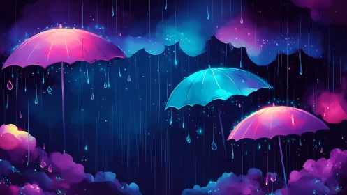 Vibrant umbrellas glow softly in a dreamy neon rainfall