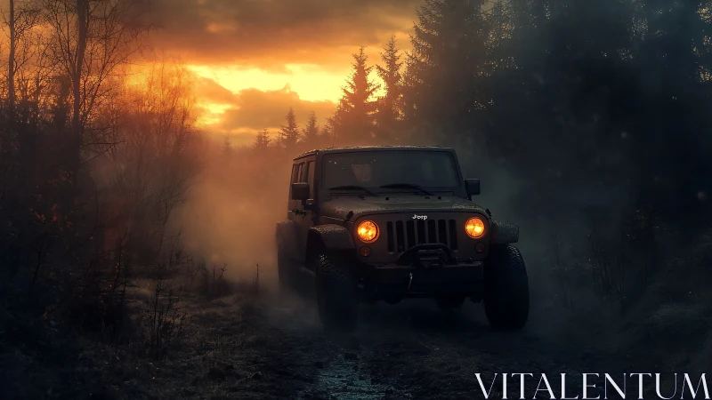 Headlights carve molten tunnels through a misty forest dusk