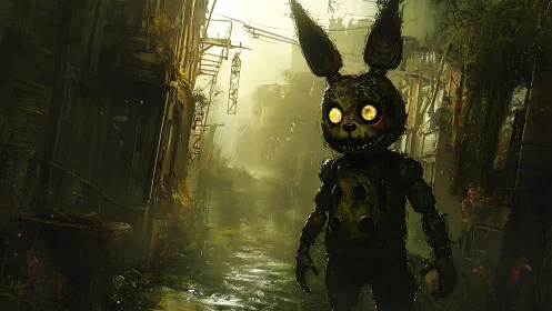 Rotten rabbit sentinel haunts a fog soaked ruined alleyway.