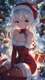 Anime Christmas girl posed in festive snow with bokeh lighting