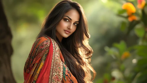 Portrait of woman in patterned shawl outdoors at sunset.